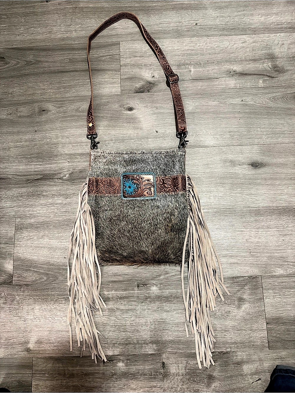 Myra Bag Fringe Crossbody Bag in Brown & Gray
